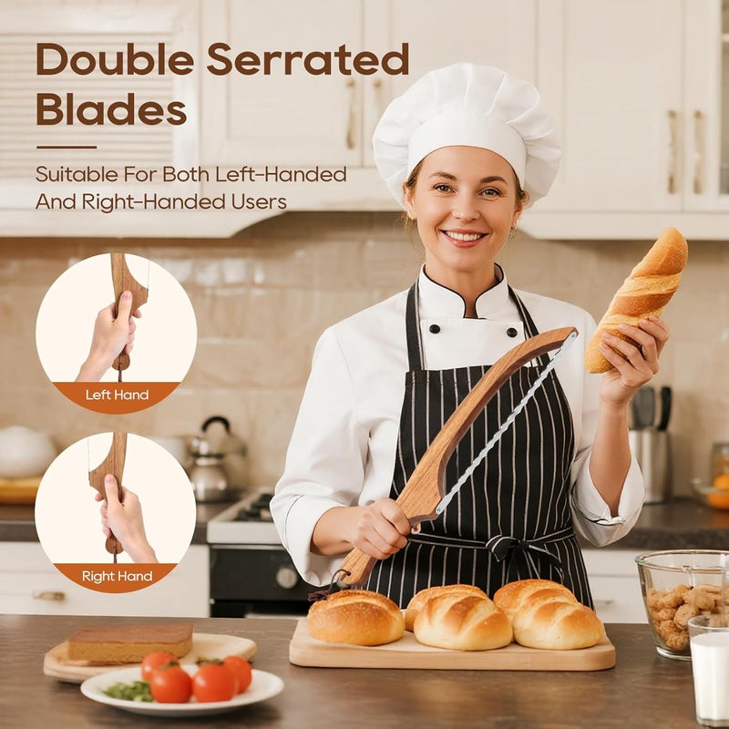 Mooues Sourdough Bread Knife, 15.7" Acacia Wood Double Serrated Bread Slicer, Ergonomic Handler, Premium Stainless Steel Bread Bow Knife for Homemade Bread, Bagels, and Baguettes - Image 2